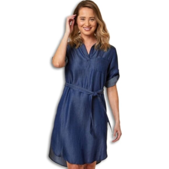 CLEO Utility Sleeve Mini Shirt Dress | Tunic w Pockets Chambray Blue Sz S - Picture 3 of 16